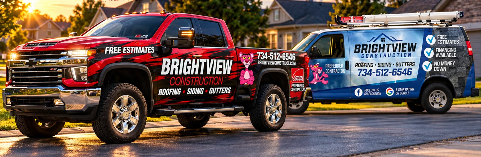 BrightView Construction wrapped pickup truck and work van offering roofing, siding and gutters, free estimates and financing, 734-512-6546